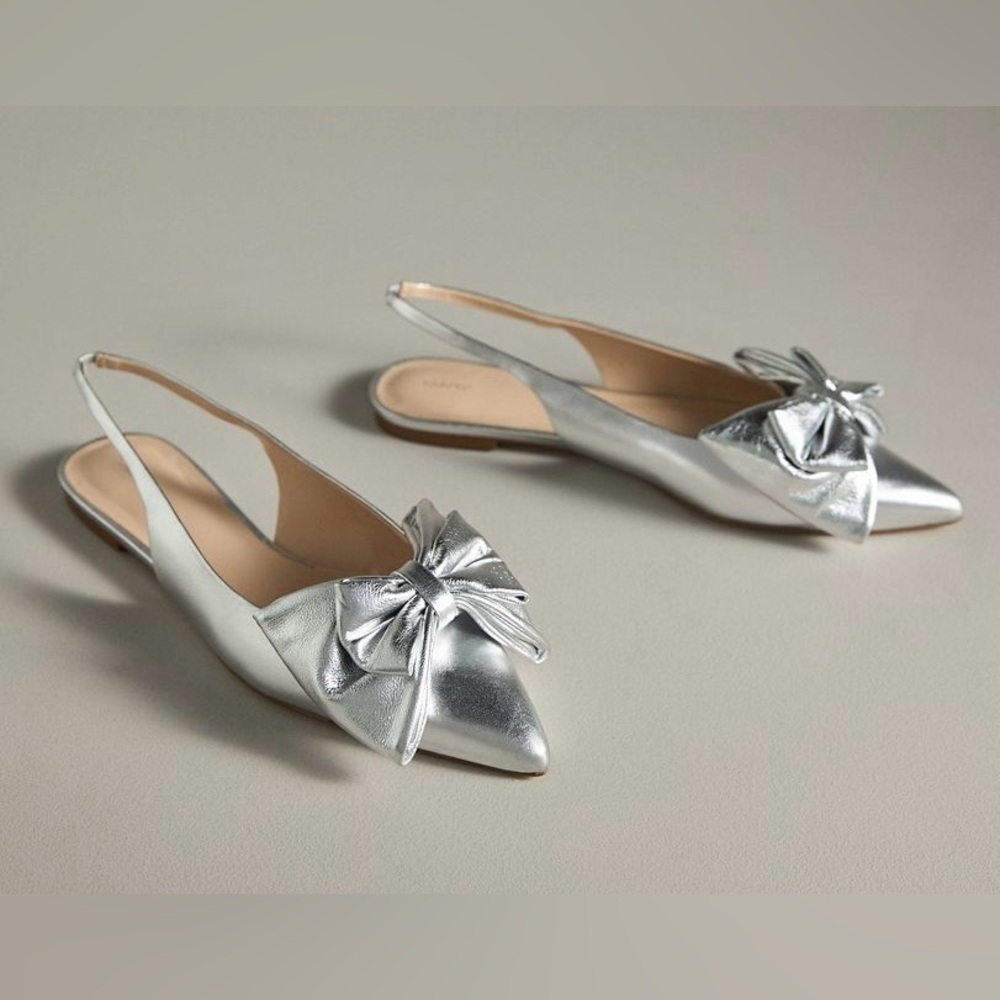 NWT Maeve for Anthropologie Silver Bow Slingback Flats. Size 8